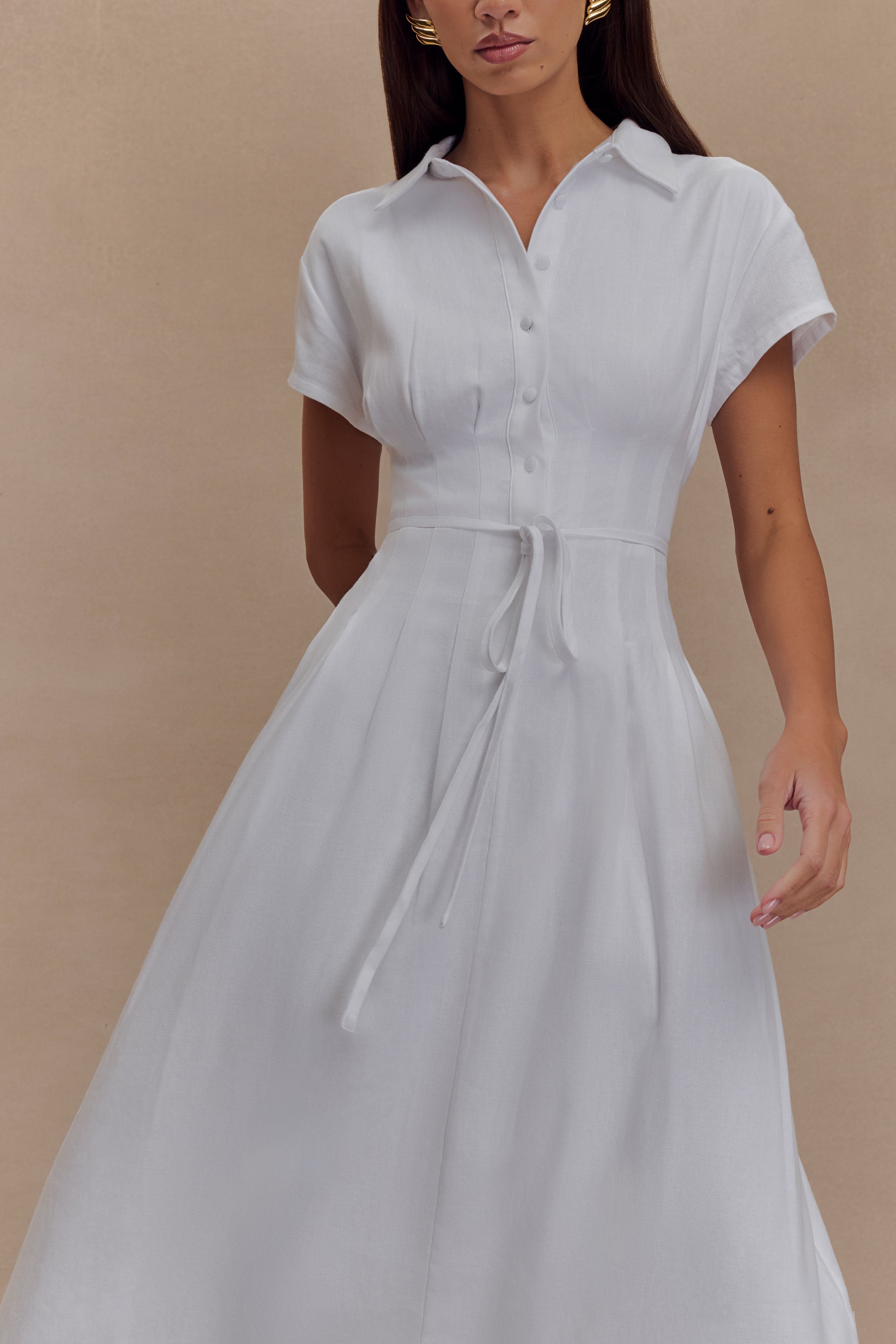 Aysha Buttoned Linen Midi Dress - White、mySite、solidvoid