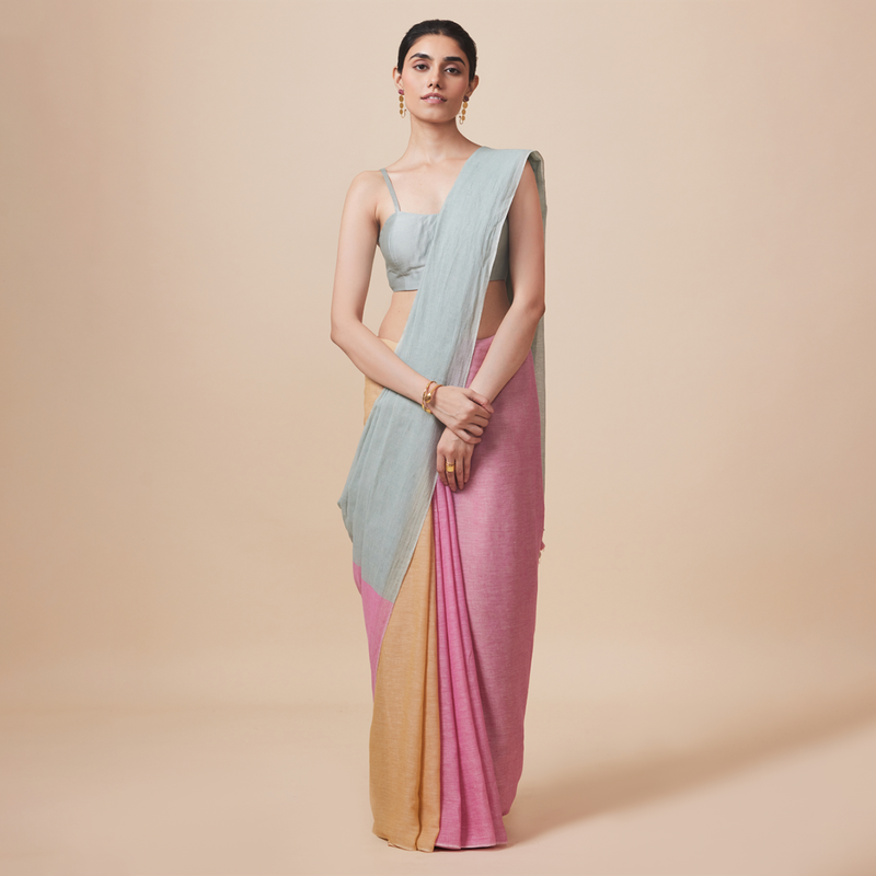 Cotton Printed Saree with Blouse | Light Blue & Pink、mySite、camillekostekn