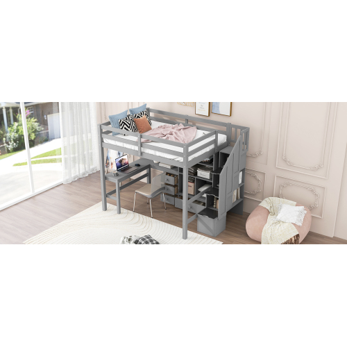 Twin Size Loft Bed with L-Shaped Desk and Drawers, Cabinet and Storage Staircase, White、、casual