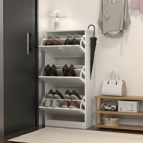 Wooden Shoe Cabinet for Entryway, White Shoe Storage Cabinet with 3 Flip Doors 20.94x9.45x43.11 inch、、casual