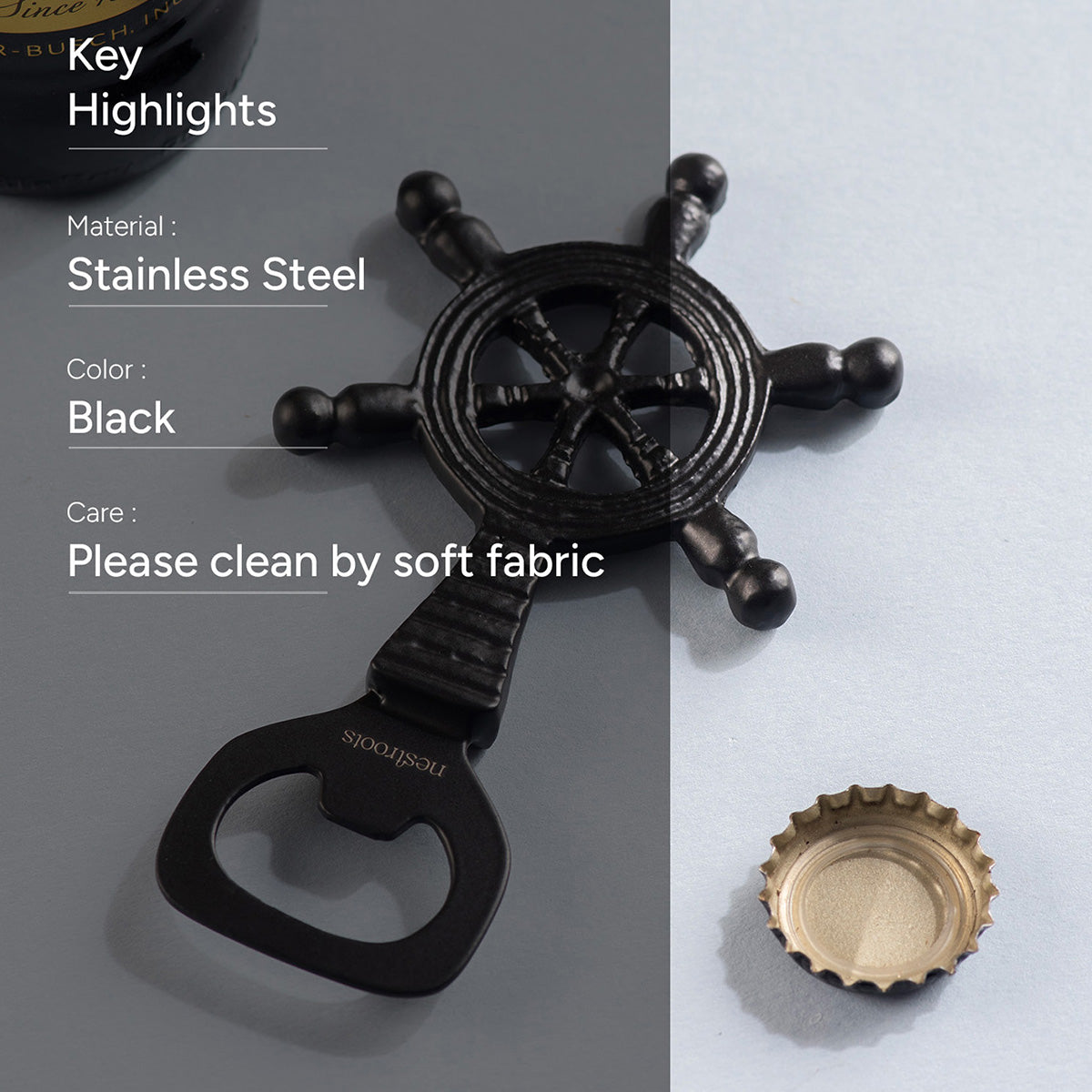 Stainless Steel Bottle Opener | Ship Steering Wheel Shape | Black、mySite、camillekostekn
