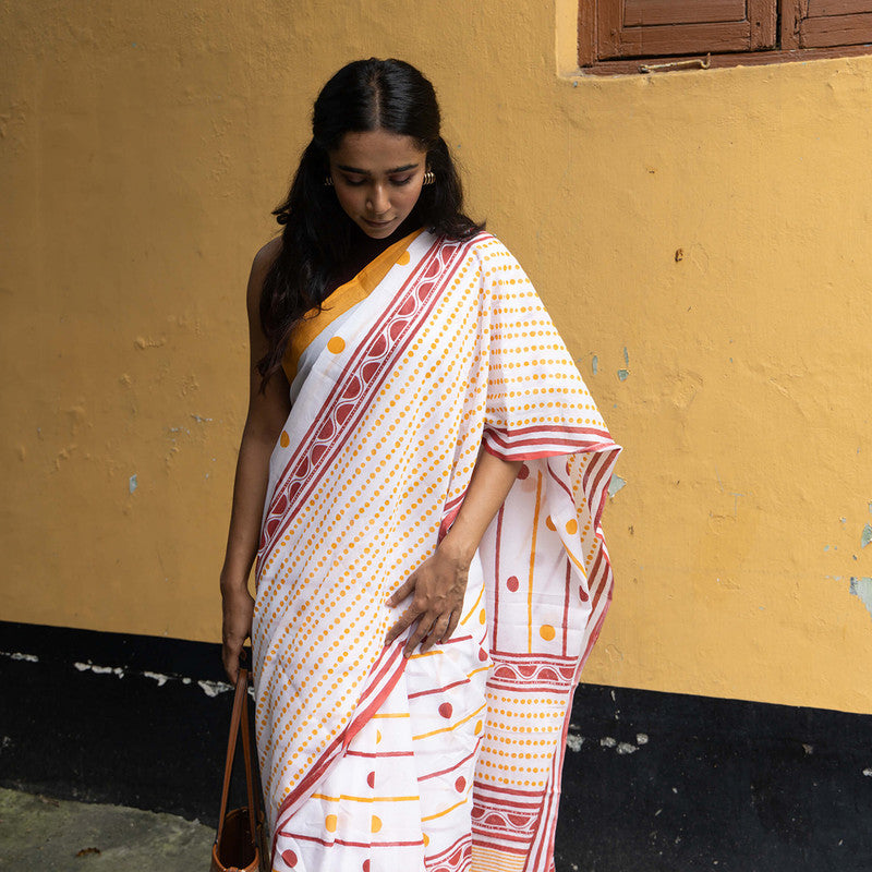 Cotton Saree | Hand Block Print | White & Yellow、mySite、camillekostekn