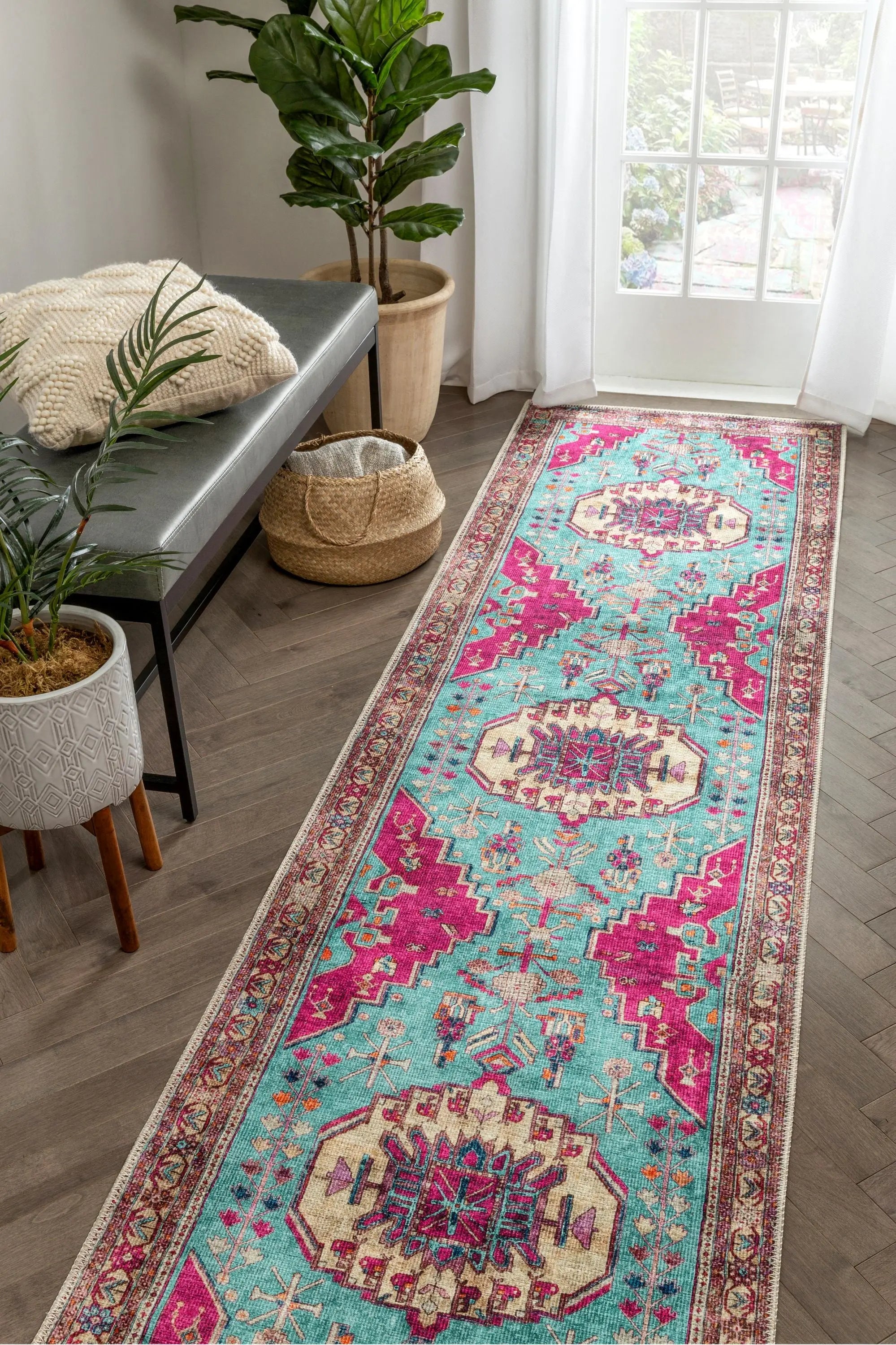 Shasta Machine Washable Vintage Bohemian Medallion Persian Blush Turquoise Flat-Weave Distressed Rug、mySite、gigharbornorthrealestate