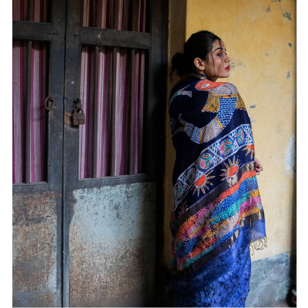 Festive Wear | Maheshwari Cotton Silk Batik Saree | Dark Blue、mySite、camillekostekn