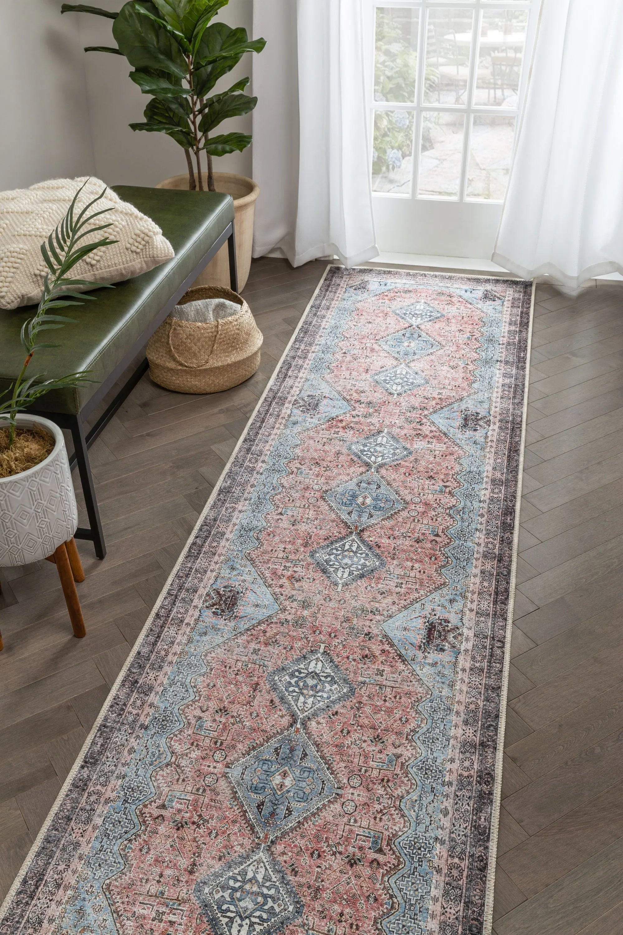 Menda Machine Washable Vintage Bohemian Meallion Oriental Light Blue Flat-Weave Distressed Rug、mySite、gigharbornorthrealestate