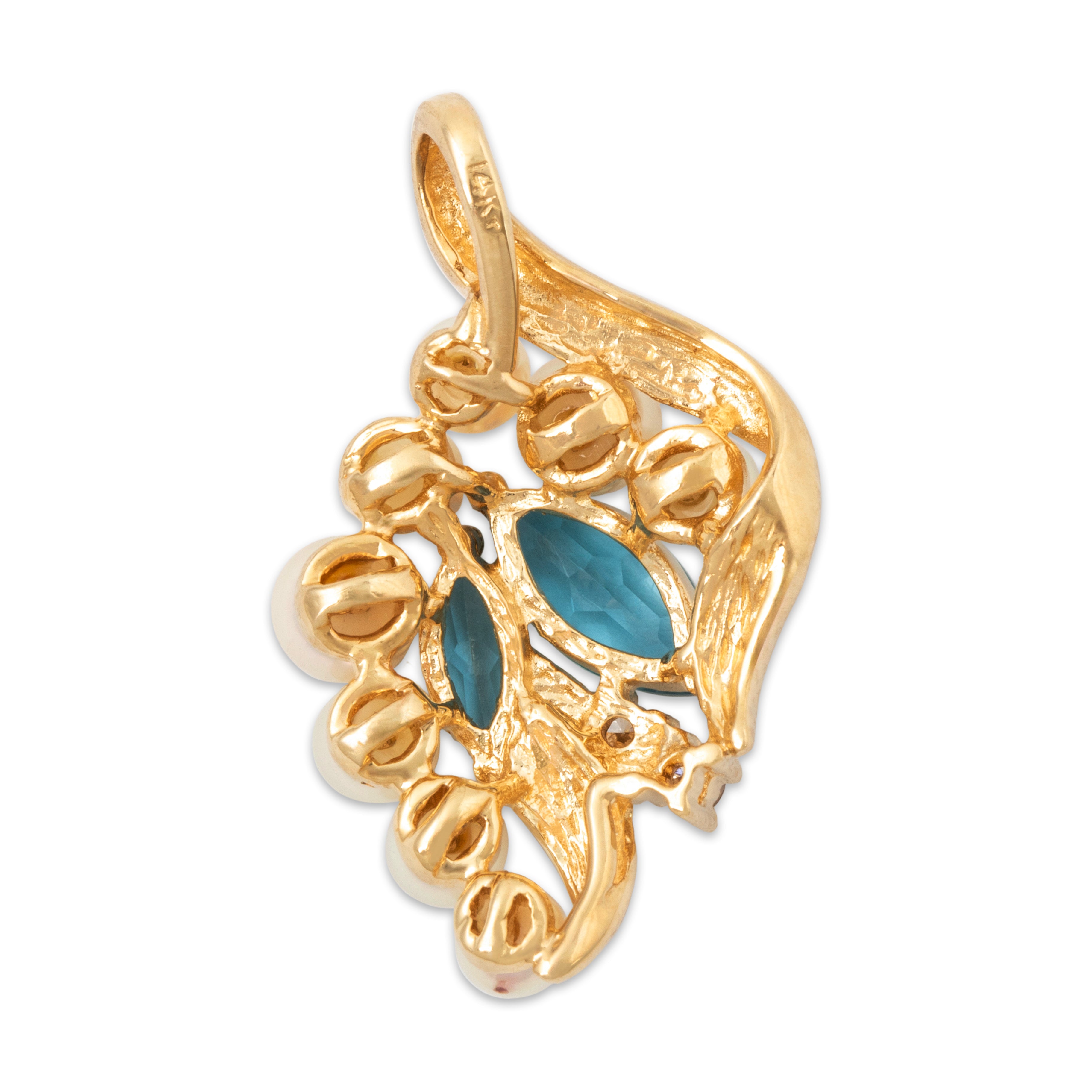 Vintage 14k Yellow Gold Blue Topaz Pearl Diamond Foliate Cluster Pendant、mySite、hinf8tx79