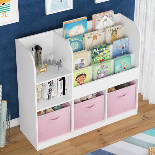 Kids Bookcase and Bookshelf, Multifunctional Bookcase with 3 Collapsible Fabric Drawers, Bookcase Display Stand, Toy Storage Organizer for Bedroom, Playroom, Hallway (White/Pink)、、casual
