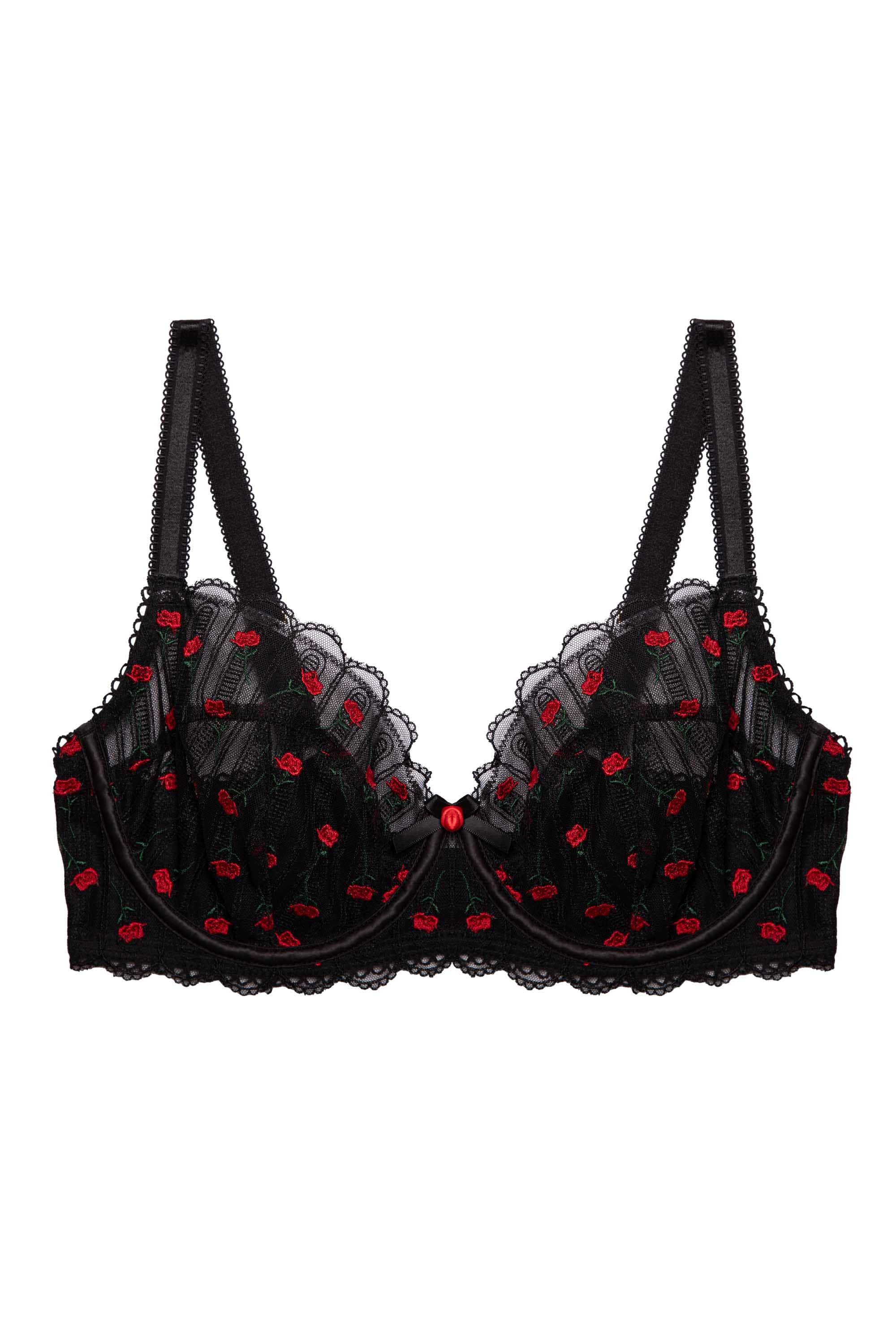 Elodie Black and Red Rosebud Embroidery Balconette Bra、mySite、bengalsvssteelers