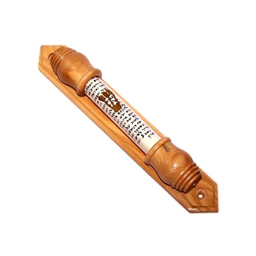 Holy Land Market Gold Shin with Sealed Glass in Olive Wood Mezuzah (19cm or 7.5 inches) Comes with Scroll Inside、mySite、topwebapps