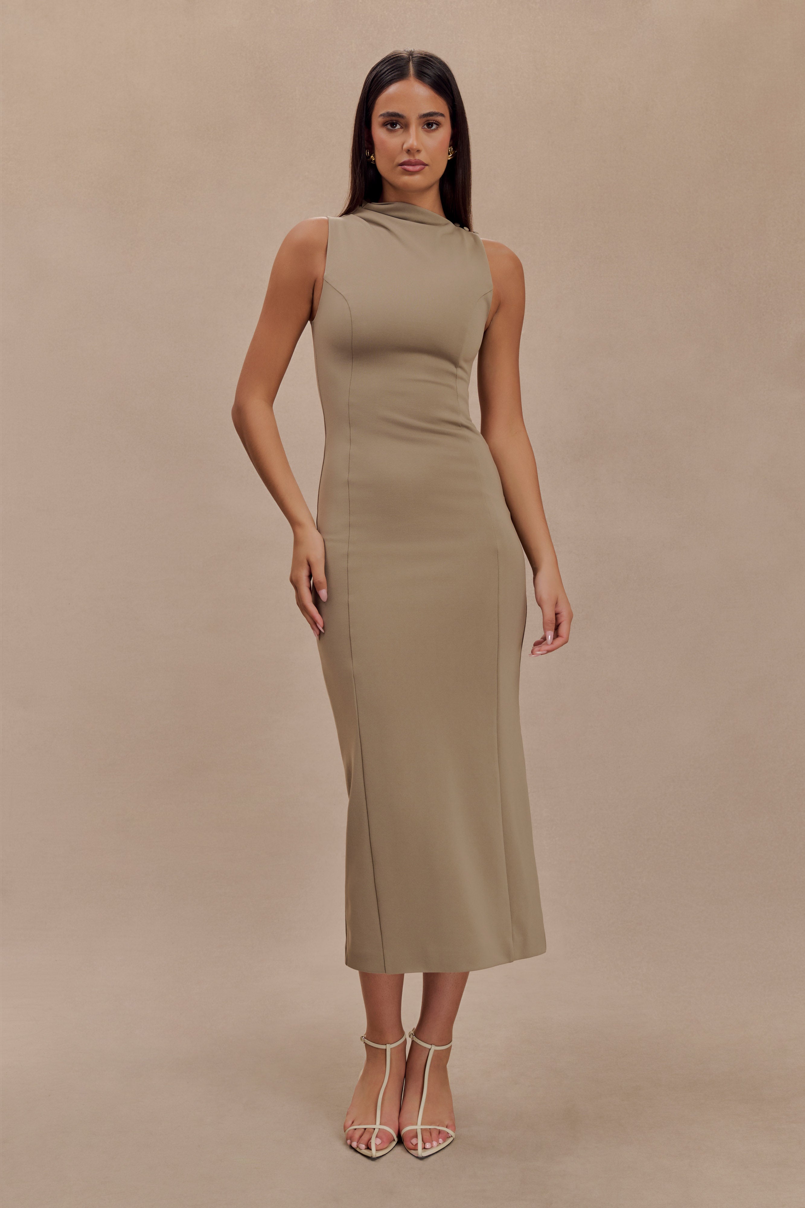 Taylor Draped Stretch Crepe Midi Dress - Mushroom、mySite、solidvoid
