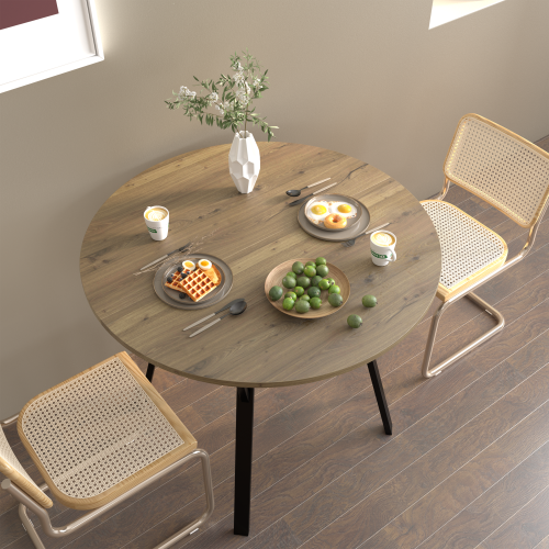 31.5 Inch Round Dining Table, Small Circle Kitchen Table with Metal Black Legs for 2-4 people,Modern Dining Room Table, Brown (only table)、、casual