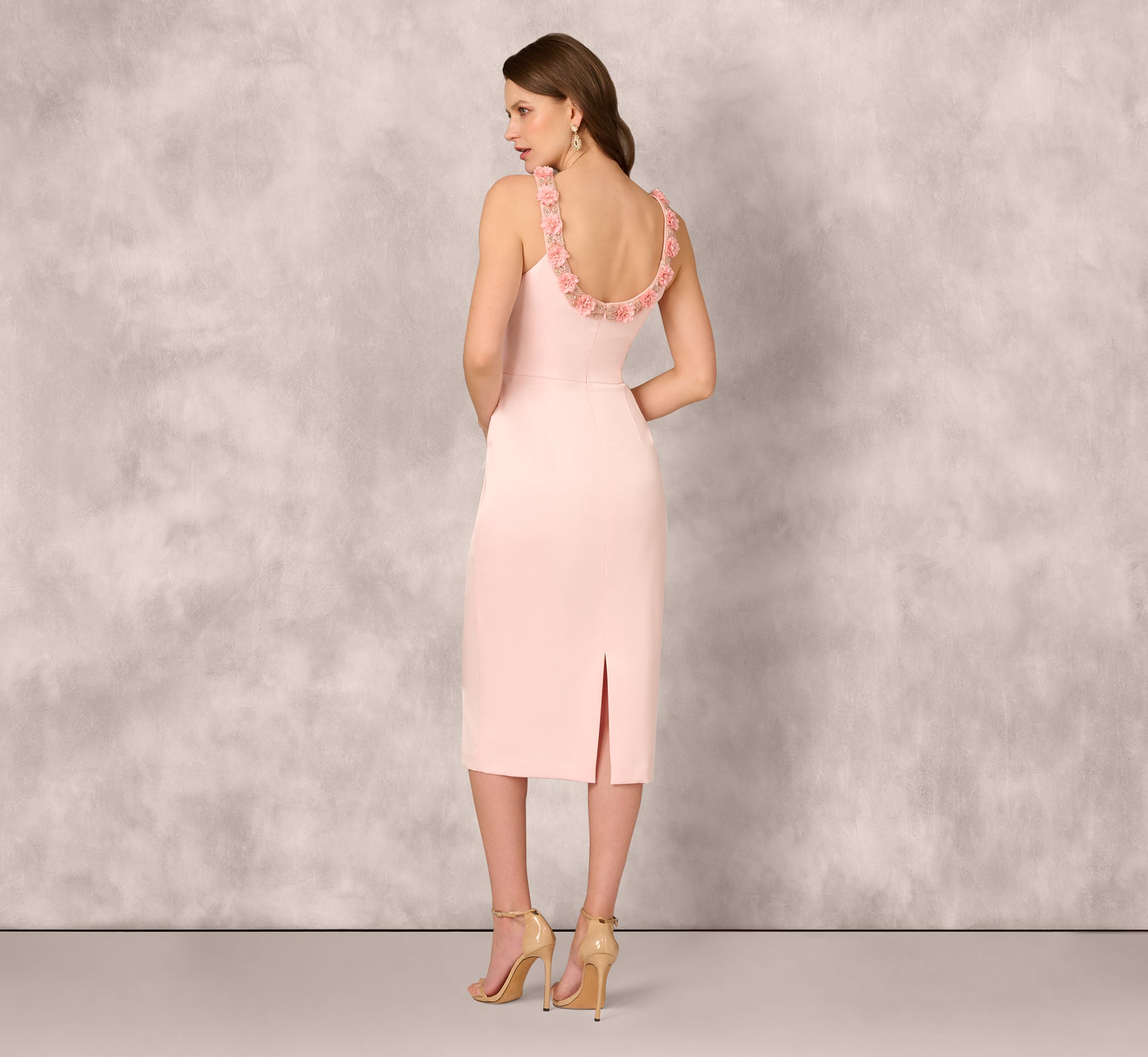 Sleeveless Satin Rosette Midi Sheath Dress In Pink Peach、mySite、solidvoid