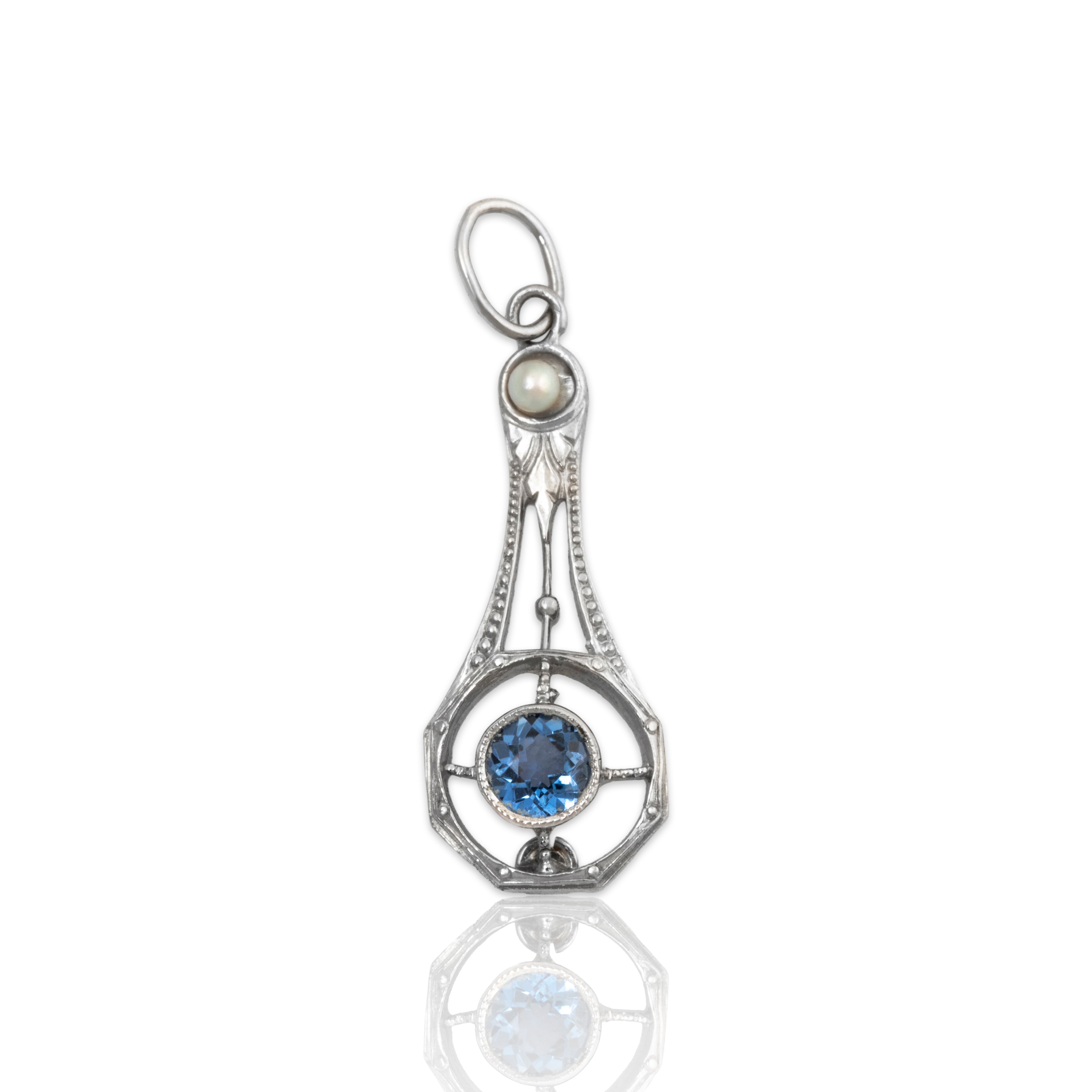 Antique Art Deco 14k White Gold Blue Synthetic Sapphire Pearl Charm / Pendant、mySite、hinf8tx79