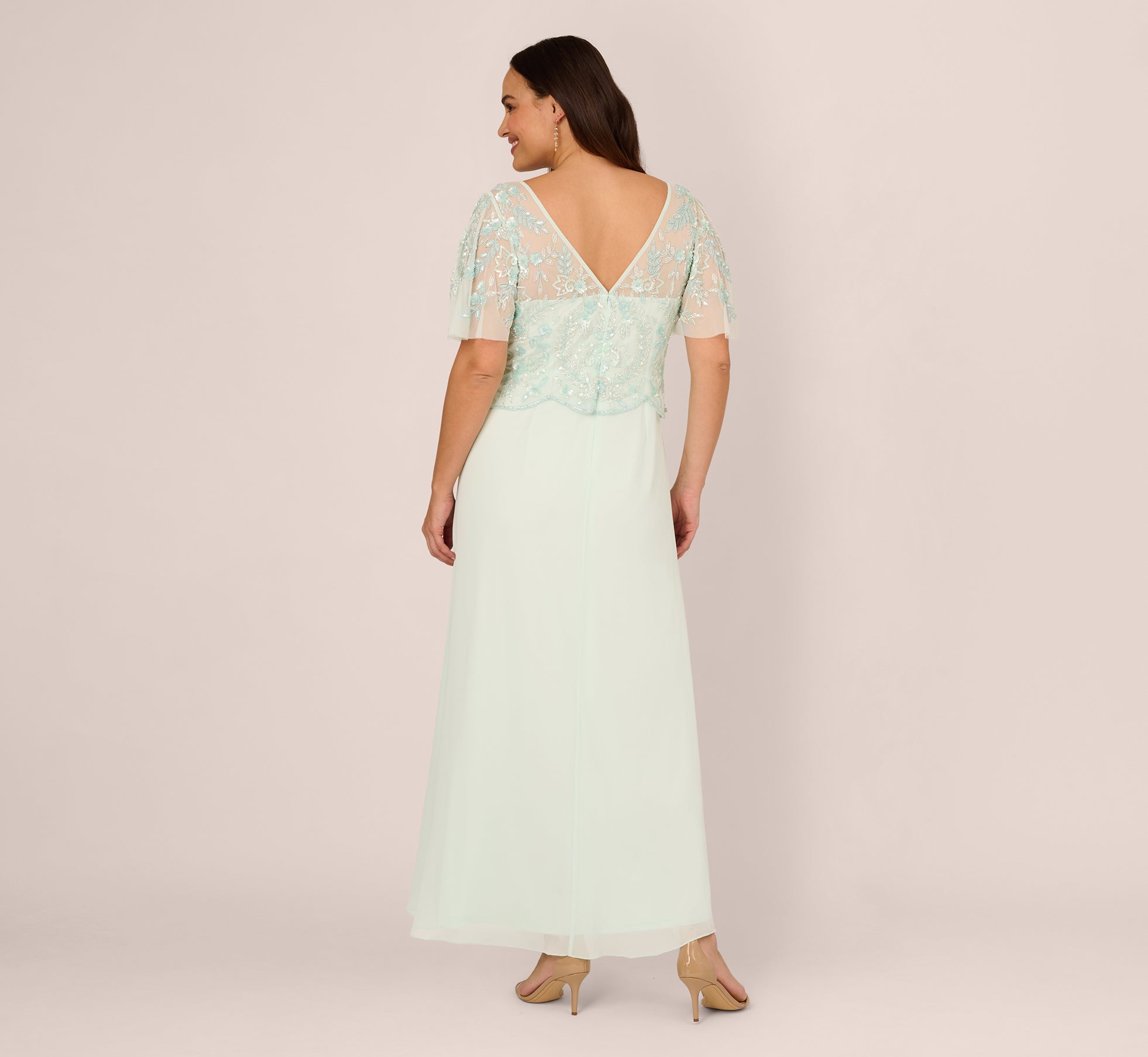 Plus Size Hand-Beaded Illusion Long Gown With Flutter Sleeves In Mint Glass、mySite、solidvoid