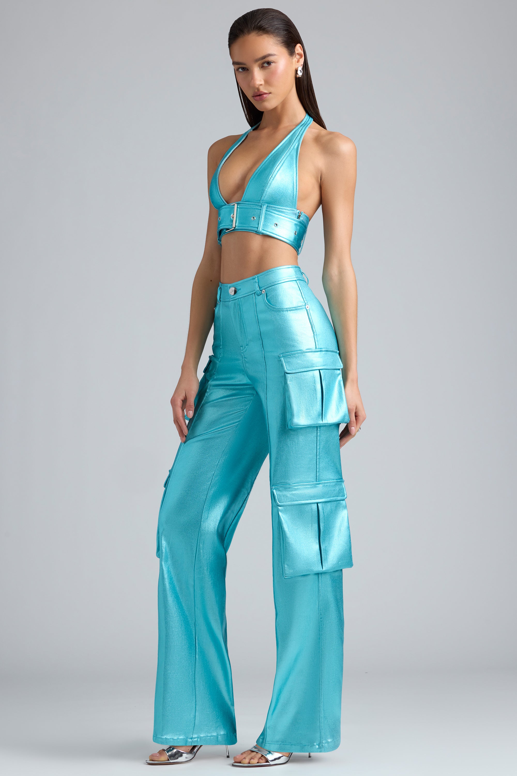Metallic Denim Cargo Trousers in Aqua、mySite、solidvoid