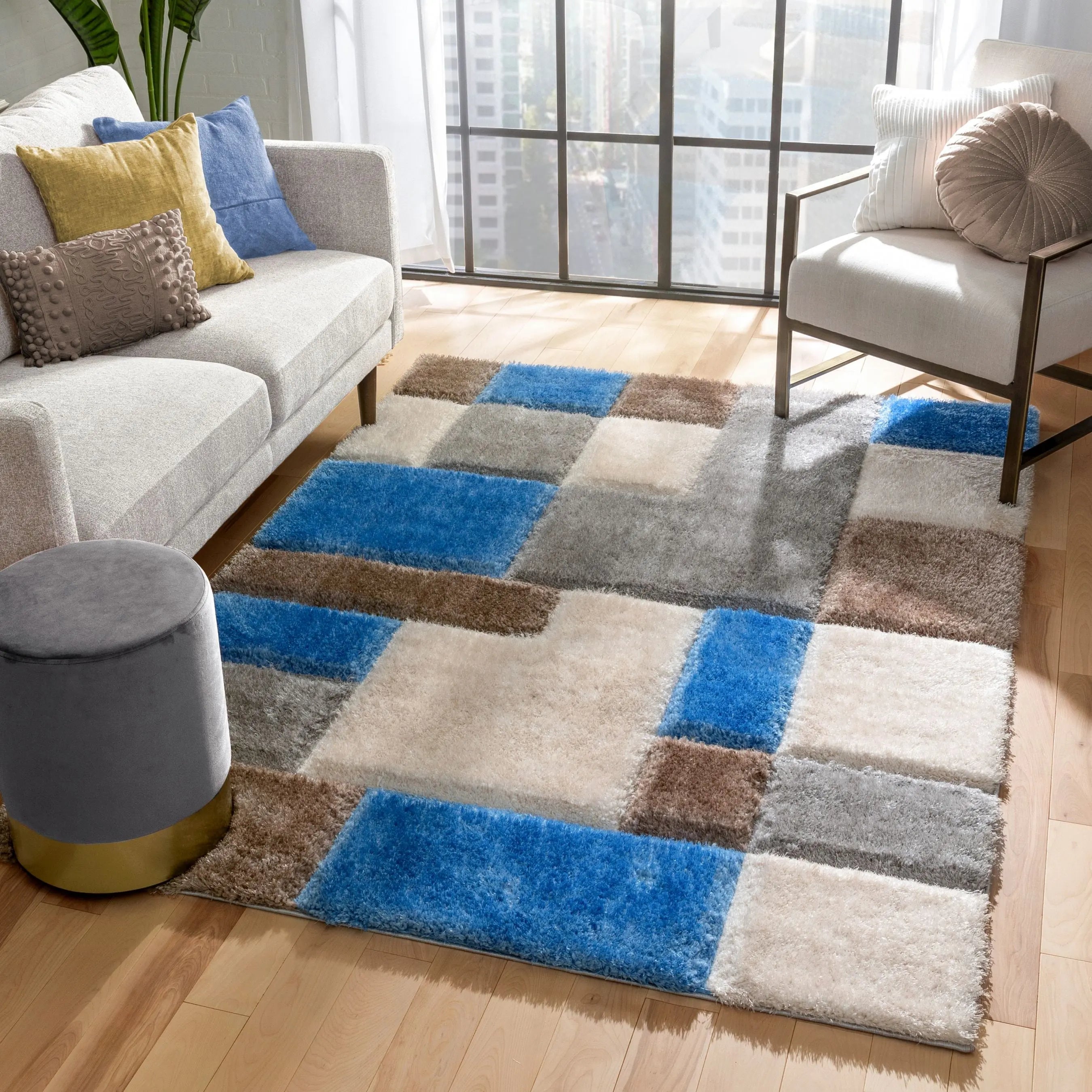 Escondido Modern Geometric Boxes Shag Light Blue 3D Textured Thick & Soft Shag Rug、mySite、gigharbornorthrealestate