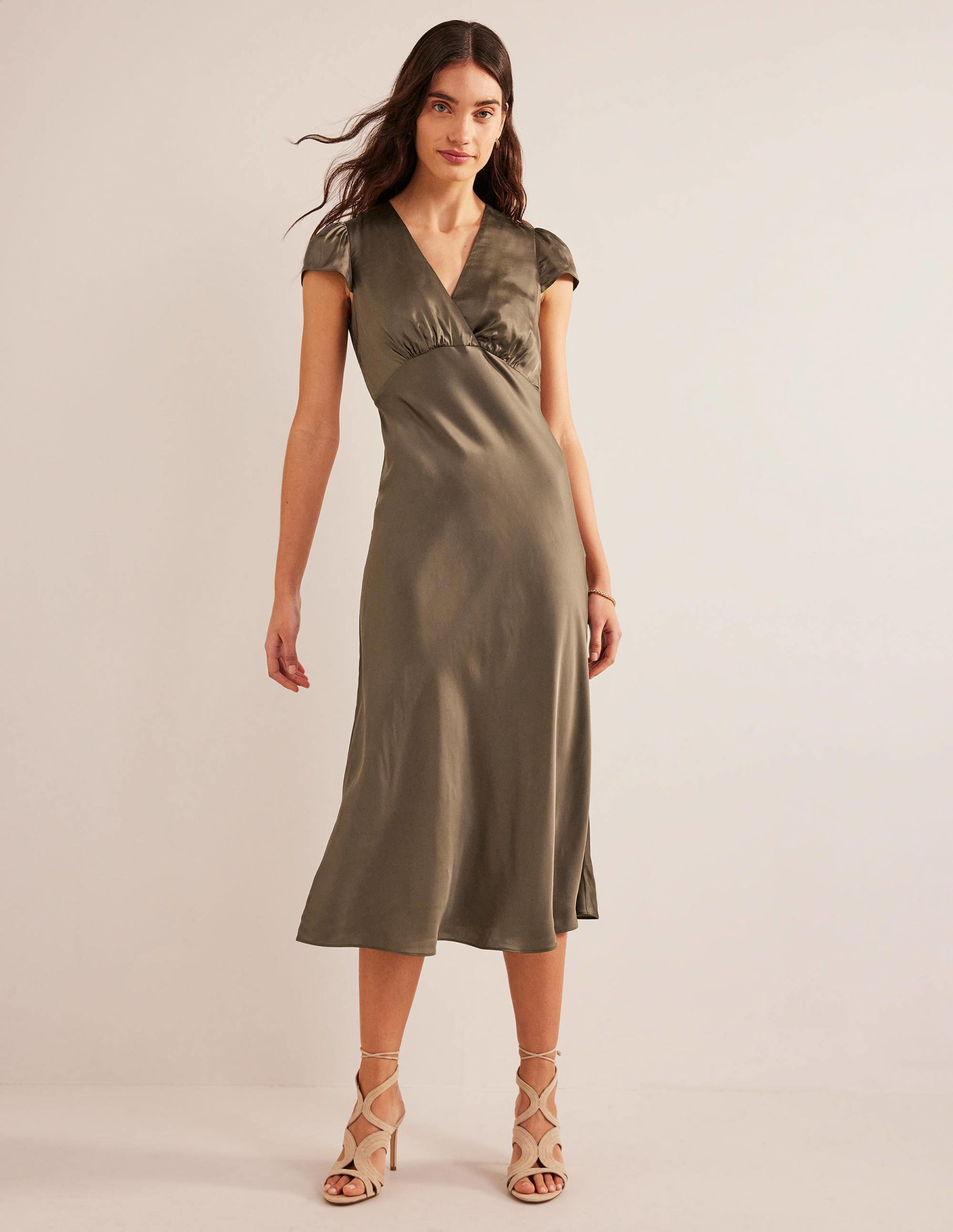  Satin Empire Midi Tea Dress-Khaki、mySite、ashleygrahame