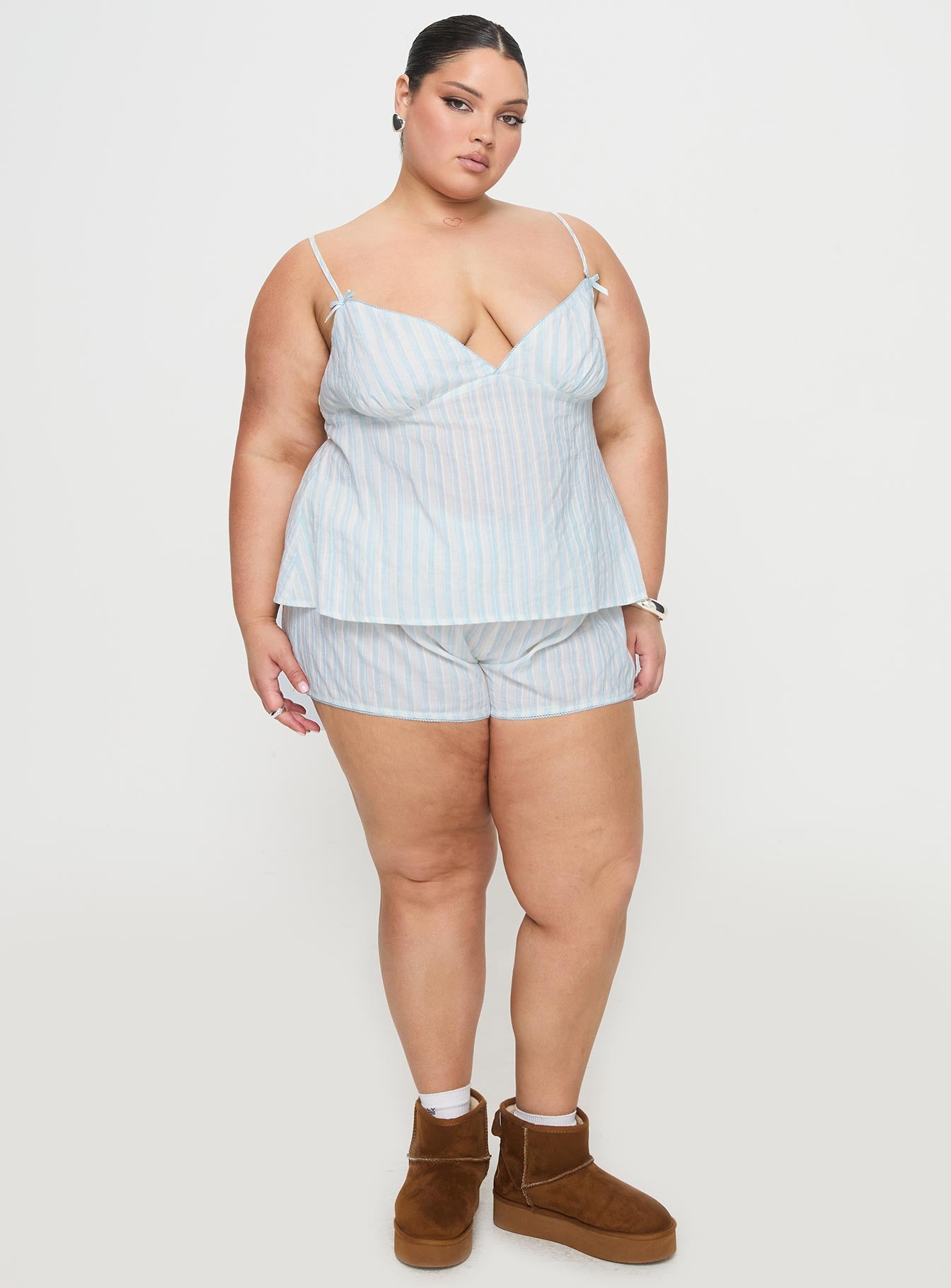 Tenderness Lace Sleep Set Blue / White Stripe Curve、mySite、solidvoid