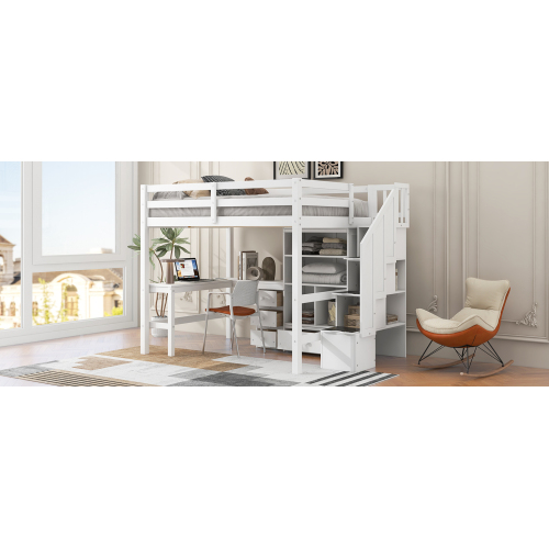 Twin Size Loft Bed with L-Shaped Desk and Drawers, Cabinet and Storage Staircase, White、、casual