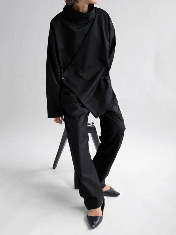 High Neck Loose Fit Solid Color Long Sleeve T-shirt Top、mySite、dreamappss