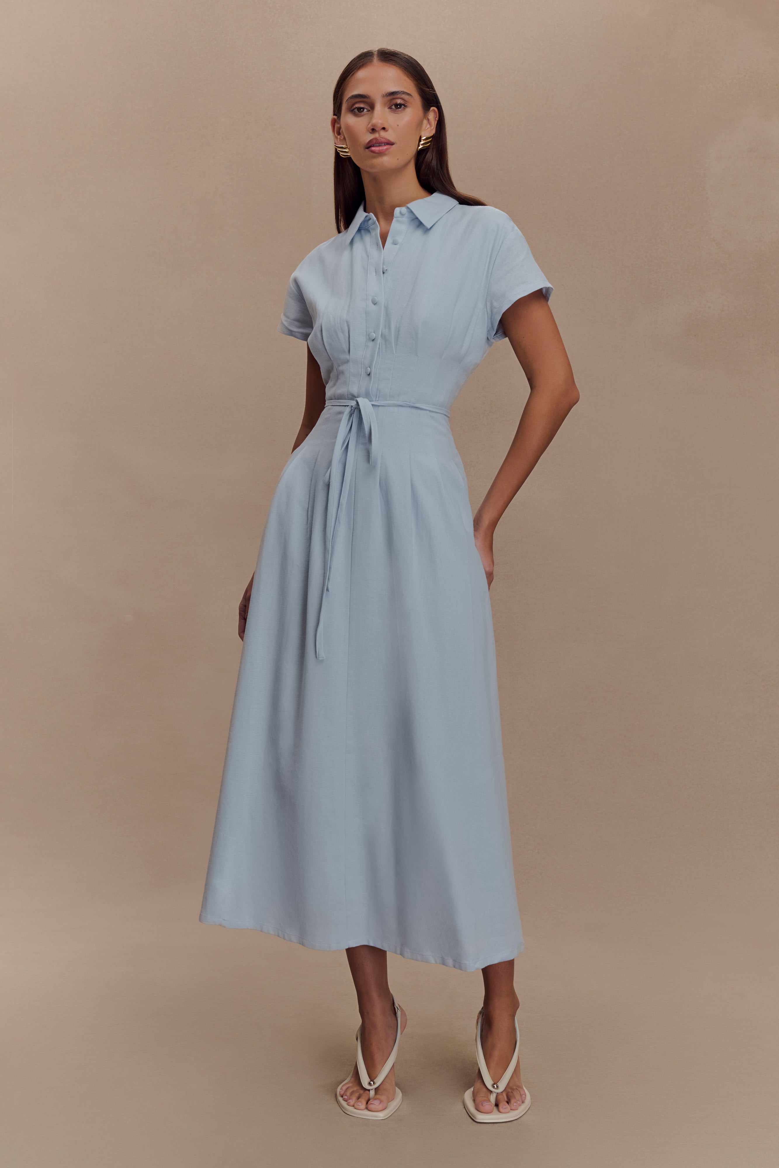 Aysha Buttoned Linen Midi Dress - Cornflower Blue、mySite、solidvoid