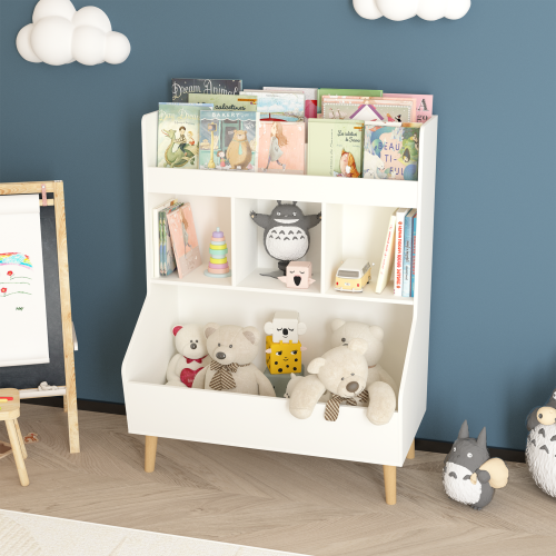 Kids Bookcase and Bookshelf, Multifunctional Bookcase with 3 Collapsible Fabric Drawers, Bookcase Display Stand, Toy Storage Organizer for Bedroom, Playroom, Hallway (White/Gray)、、casual