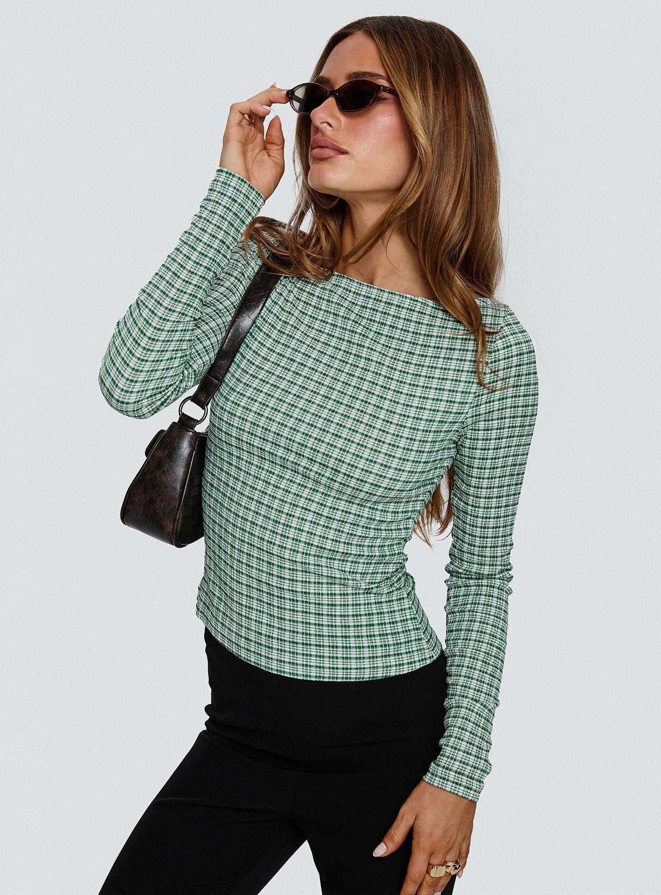 Every Second Boat Neck Long Sleeve Top Green Check、mySite、solidvoid