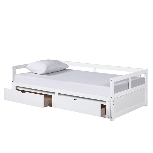 Wooden Daybed with Trundle Bed and Two Storage Drawers , Extendable Bed Daybed,Sofa Bed for Bedroom Living Room,White、、casual