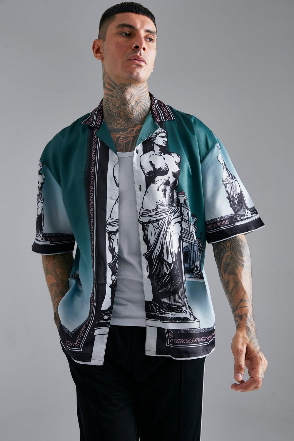  Boohooman Satin Oversized Revere Statue Border Shirt green、mySite、justintrudeaud