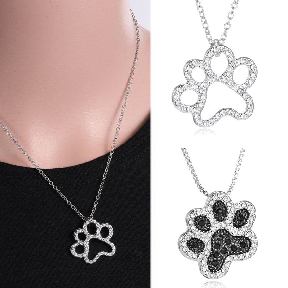 Paw Necklace, Fashion Silver Plated Black and White or White CZ Pet Paw Necklace-So Sweet for the Pet Lover!!、mySite、g9winljtr