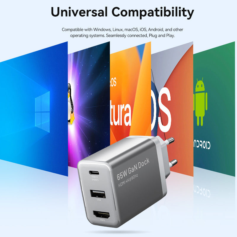 Vention 3-Port USB (C+A)+HDMI GaN Switch Dock (60W/5W/4K@60Hz) EU-Plug、mySite、fannypackpong