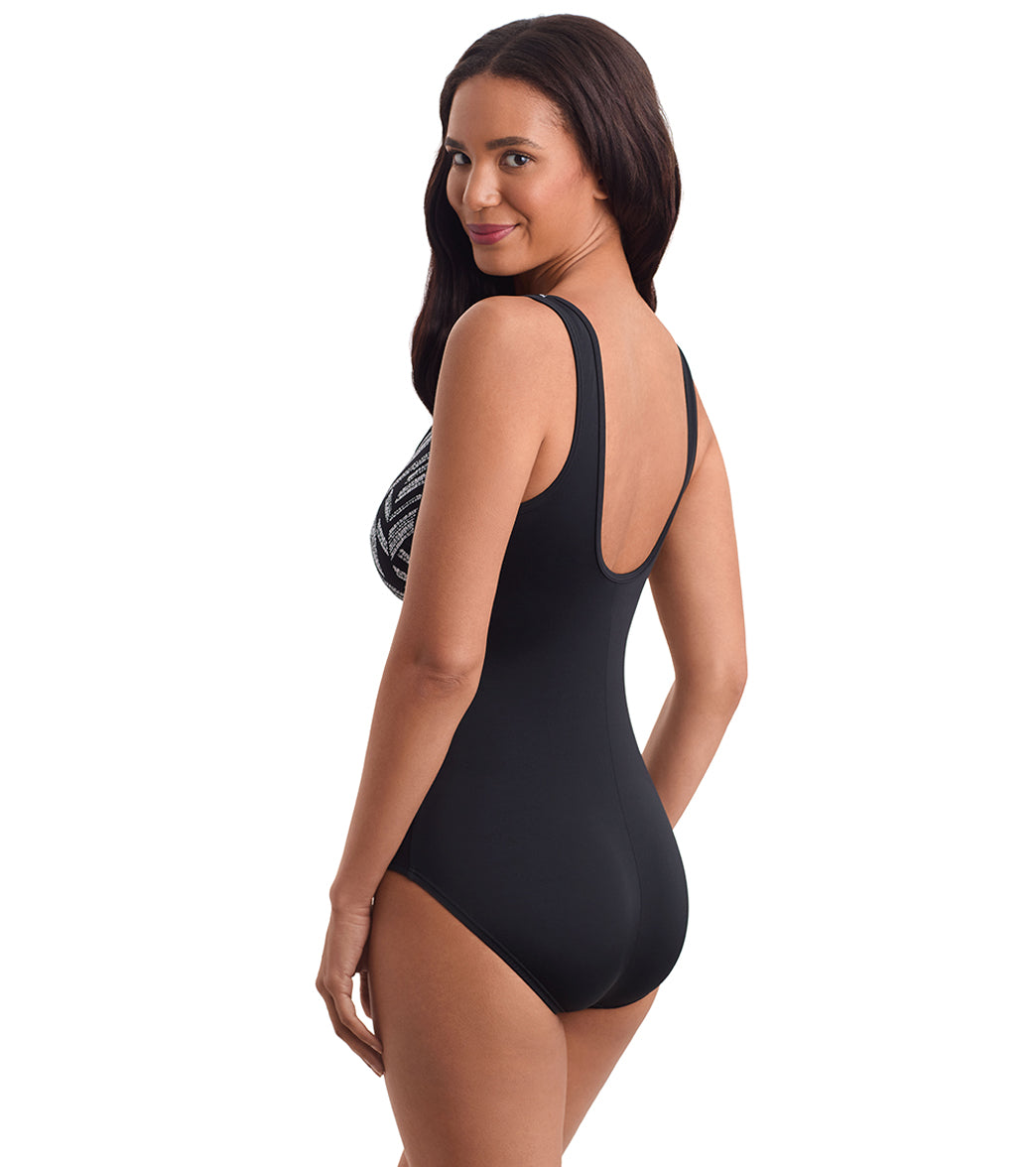 Shape Solver SPORT Women's Herringbone Scoopneck Zipper Tank One Piece Swimsuit、mySite、noshort