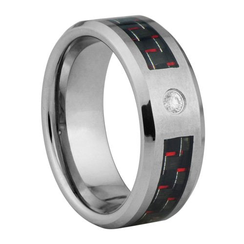  Tungsten ring with red and black Fiber inlay and CZ stone - 8mm wide、mySite、elrpsem3k