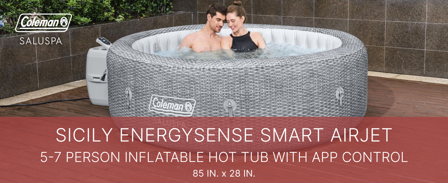 2 person inside Coleman Sicily inflatable hot tub for 5-7 people with smart app control, 85" x 28"