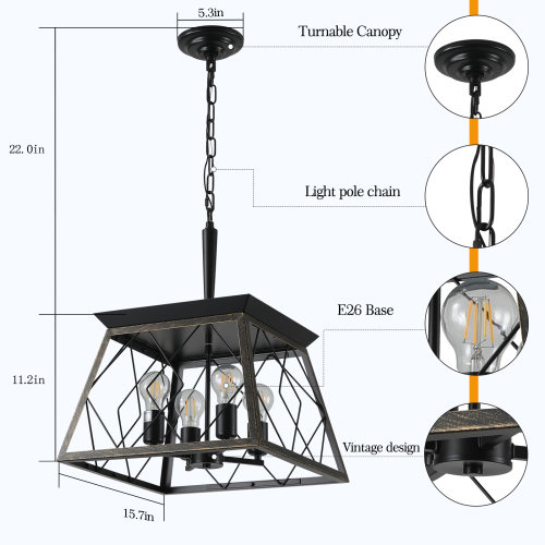 (Same as W1340111203/L1009) 16" Black Industrial 4-Light Pendant Chandelier, Modern Metal Cage Design, Adjustable Hanging Light for Dining Room, Kitchen, Living Room (No Bulbs)、、eastwooduniform