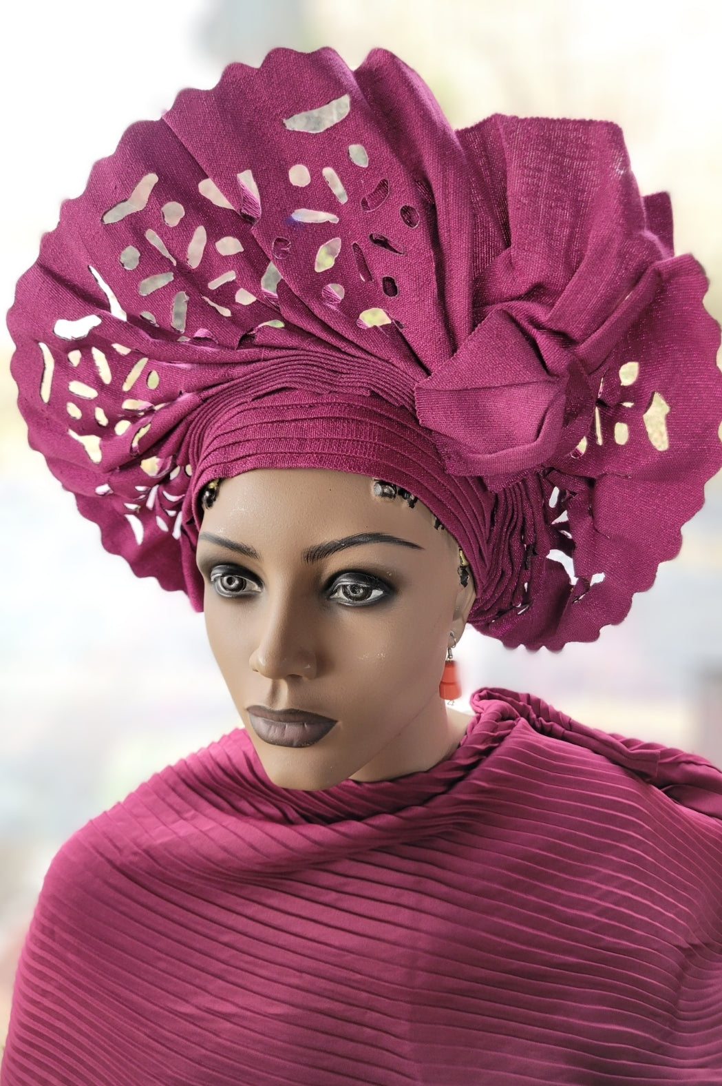 Anifere Fuchsia Pre-tied African Lazercut Aso Oke Autogele Ready Gele-DPAAG06、mySite、solidvoid