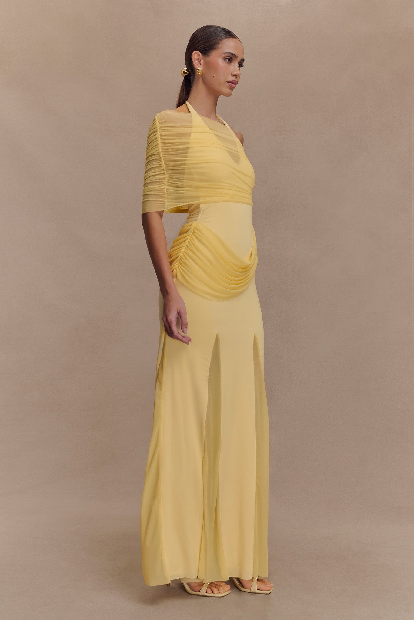 Gabrielle Slinky And Mesh Maxi Dress - Lemon、mySite、solidvoid