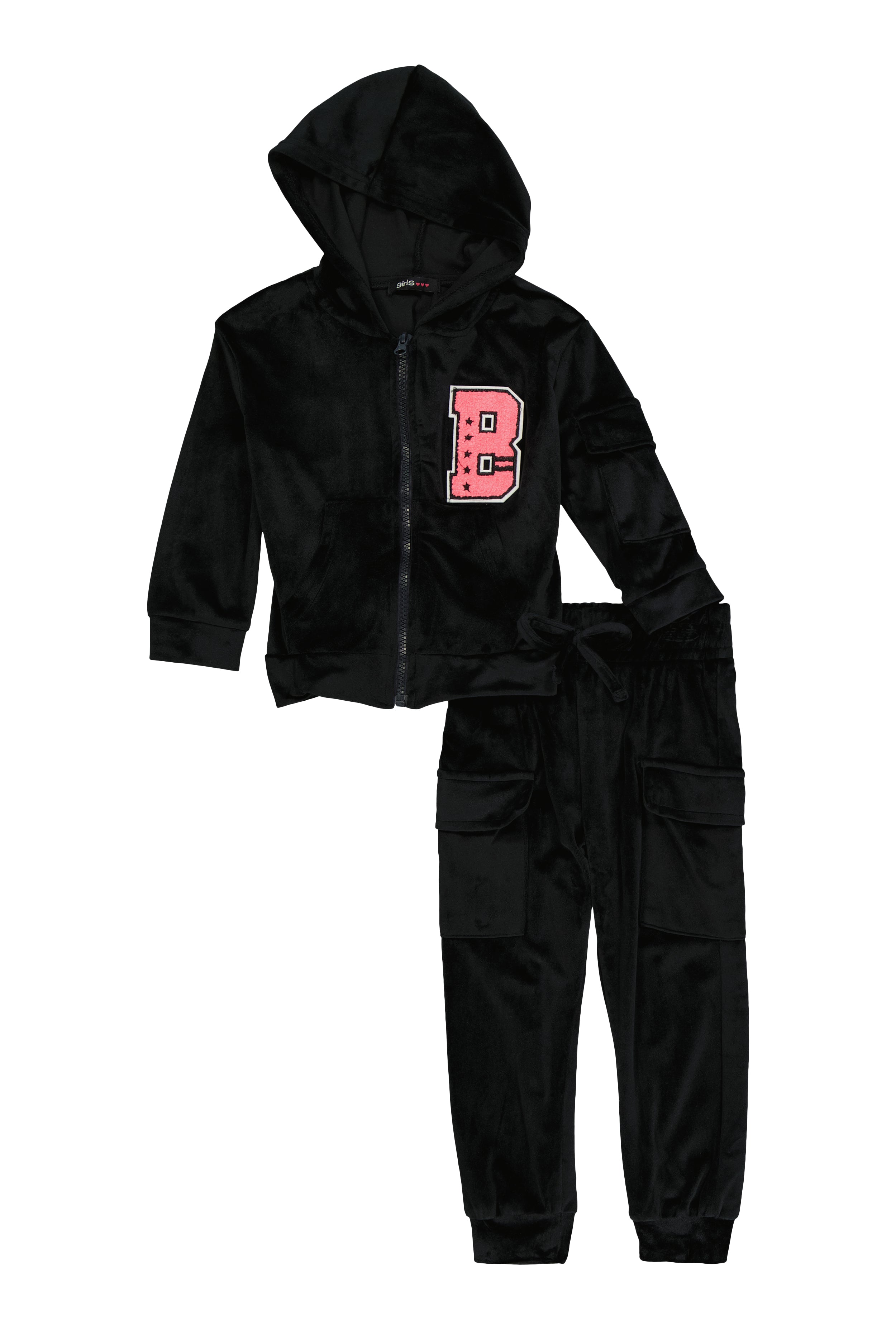 Toddler Girls Velour B Initial Chenille Patch Hoodie and Joggers、mySite、camillekostekn