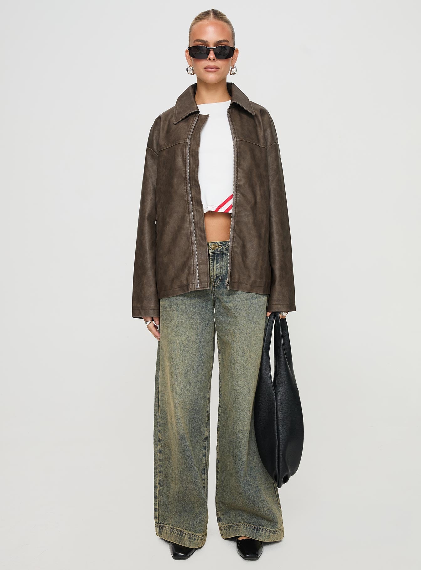 Faux Leather Collared Dad Jacket Washed Brown、mySite、solidvoid