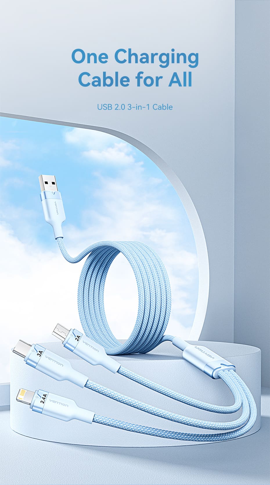 USB 2.0 A Male to 3-in-1 USB-C & Lightning & Micro-B Male 3A Cable