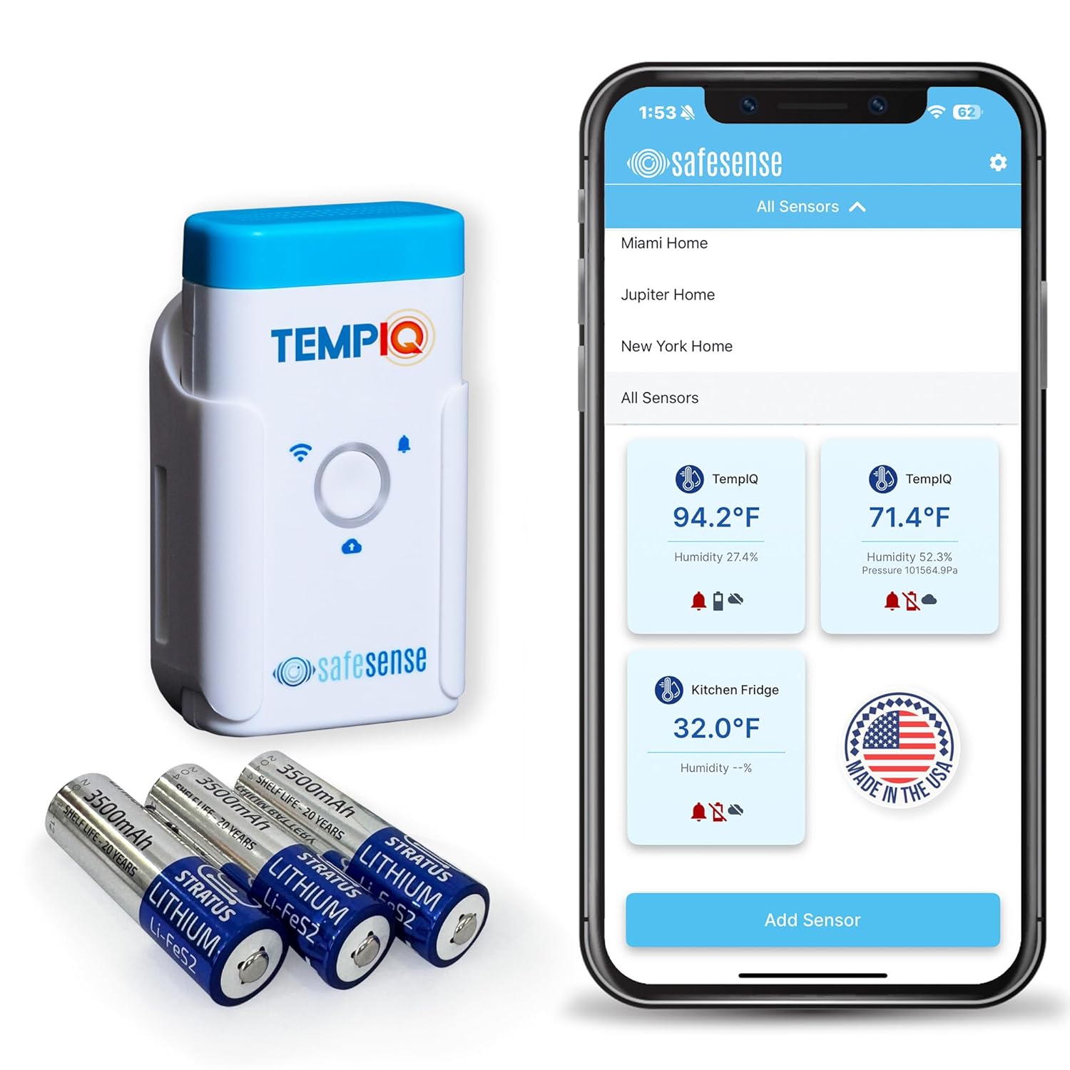 SafeSense TempIQ Temperature & Humidity Sensor、mySite、noshort