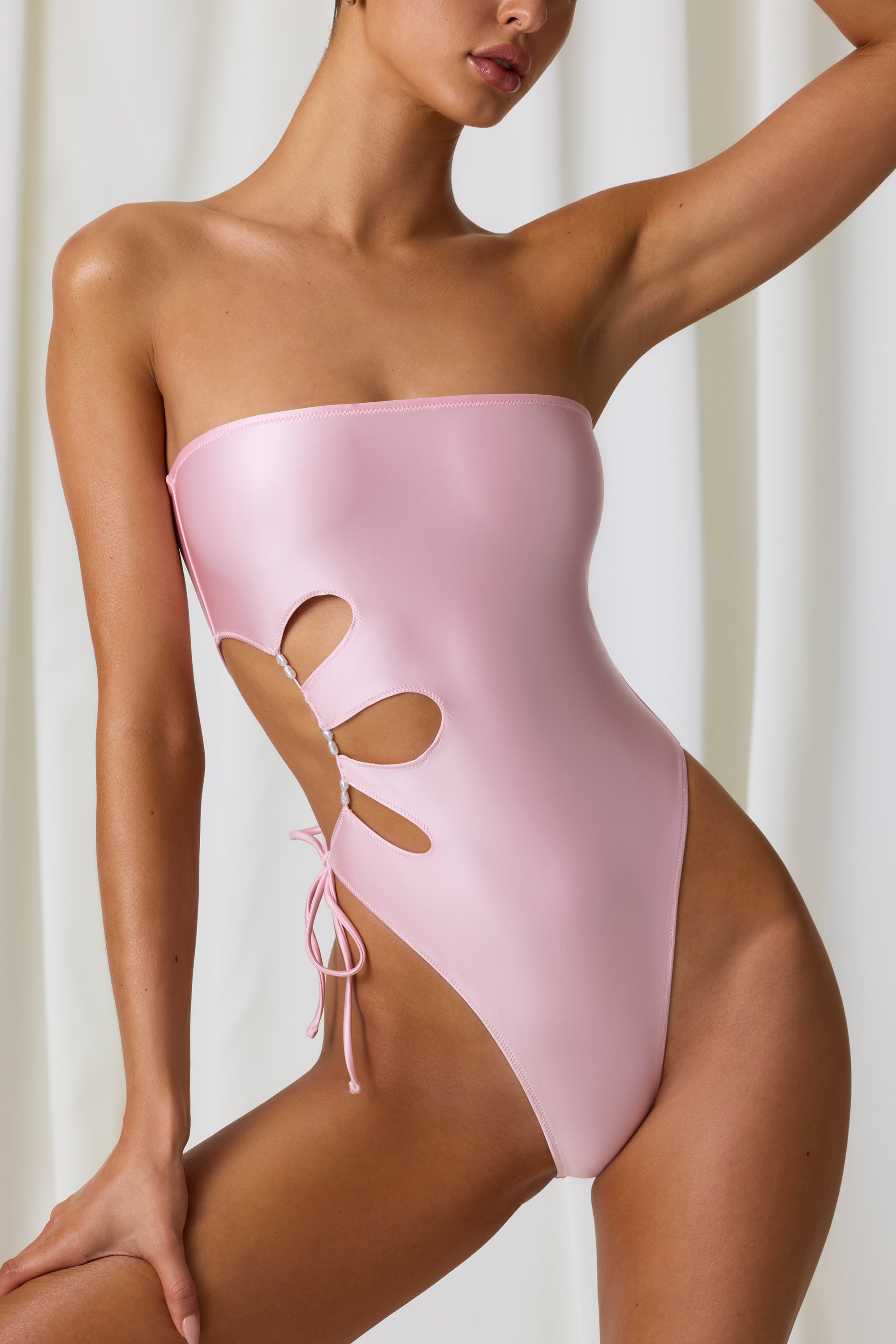 Pearl-Detail Cut-Out Bandeau Swimsuit in Soft Pink、mySite、solidvoid