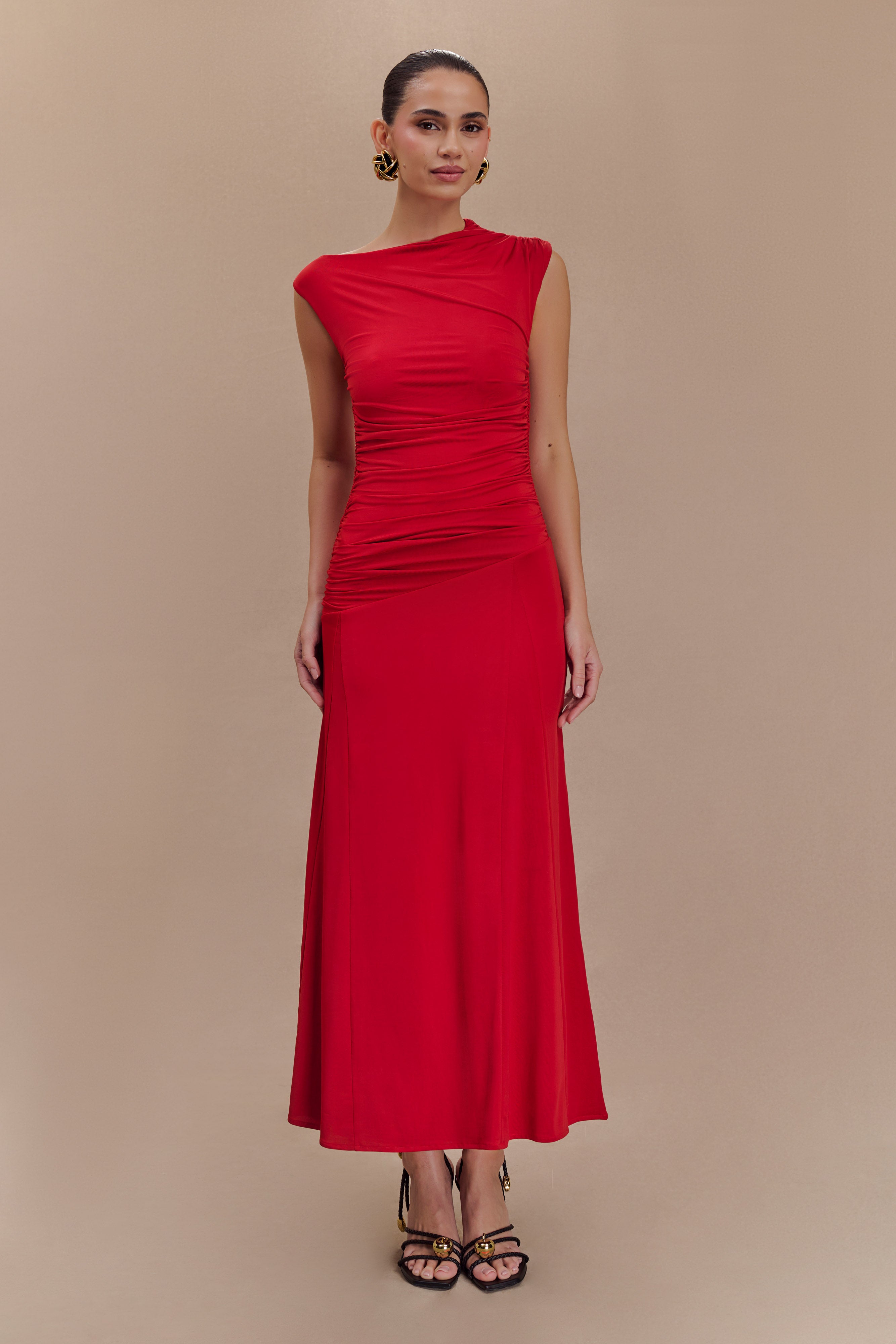 Navanna Asymmetric Slinky Midi Dress - Red、mySite、solidvoid