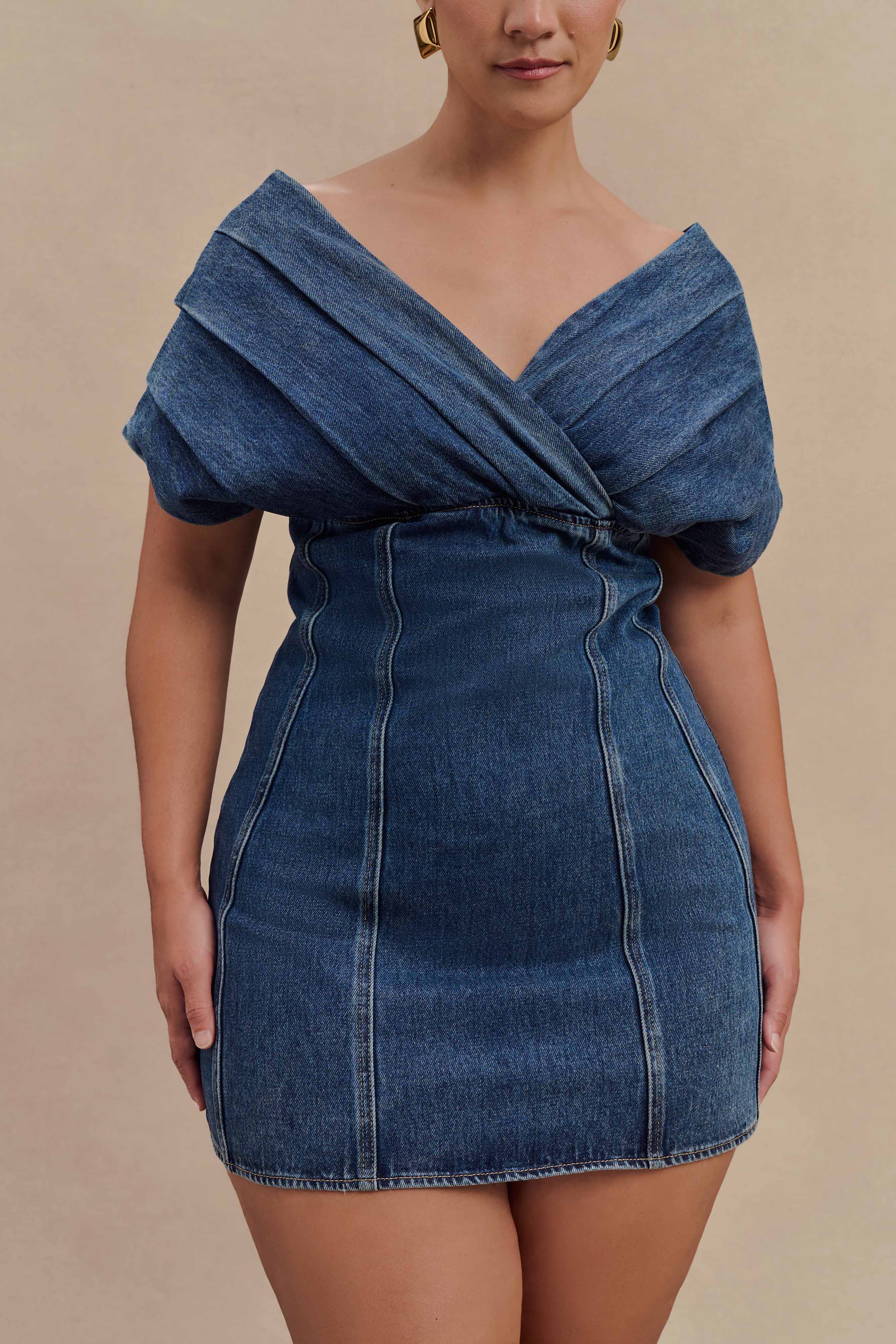 Pascale Off Shoulder Denim Mini Dress - Washed Dark Blue、mySite、solidvoid