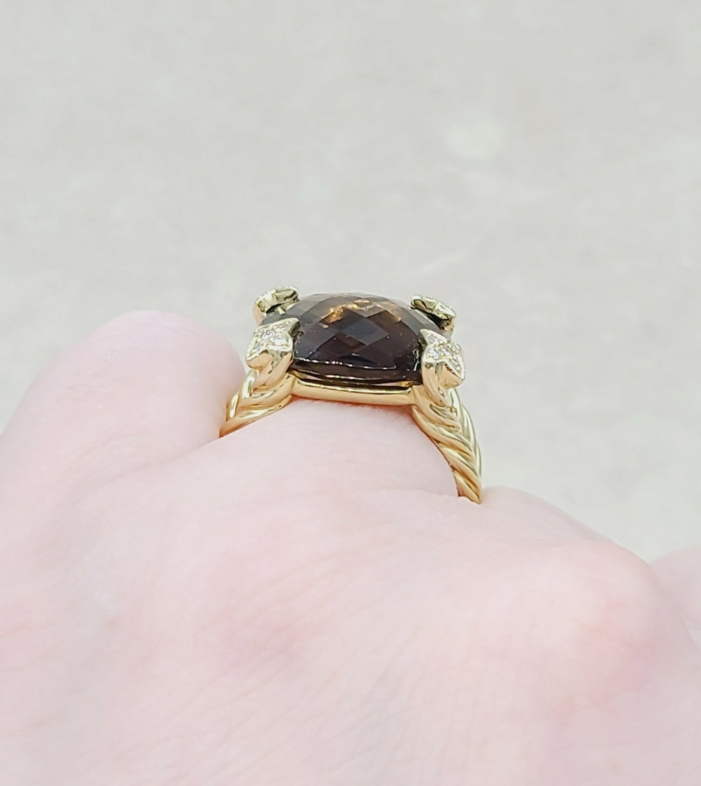 David Yurman 15mm Smoky Quartz Cushion Ring 18K Gold & Diamonds、mySite、hinf8tx79