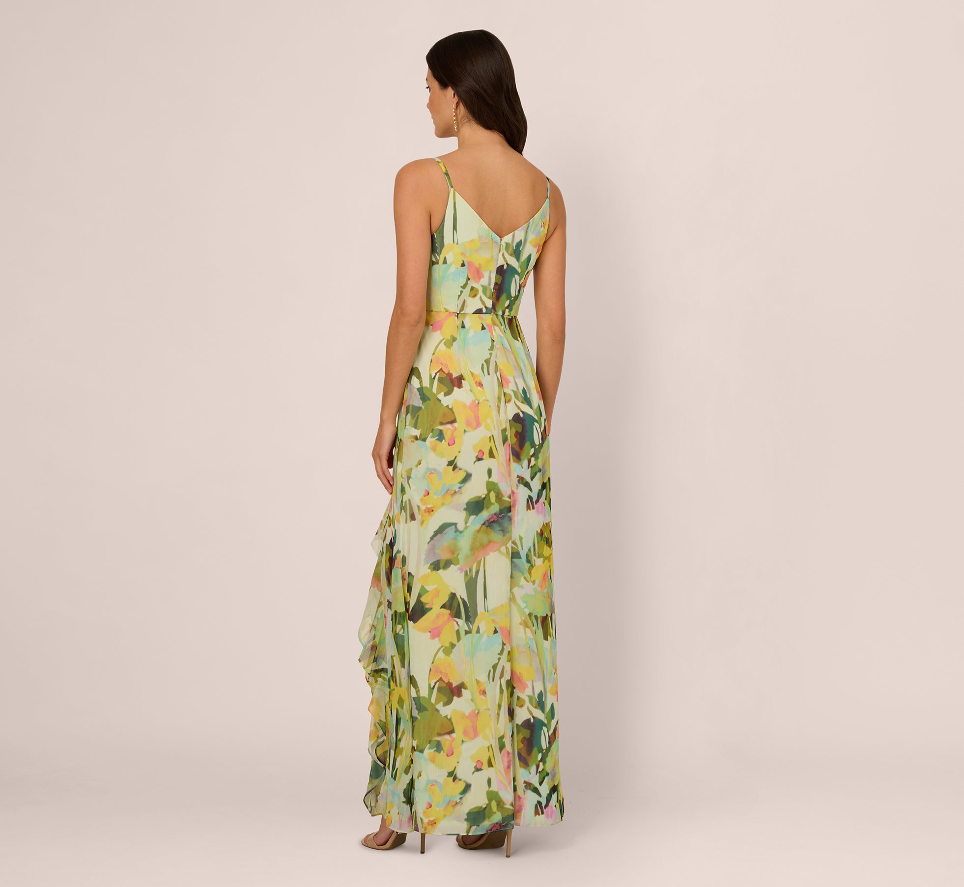 Sleeveless Floral Chiffon Ruffle Cascade Gown In Green Multi、mySite、solidvoid