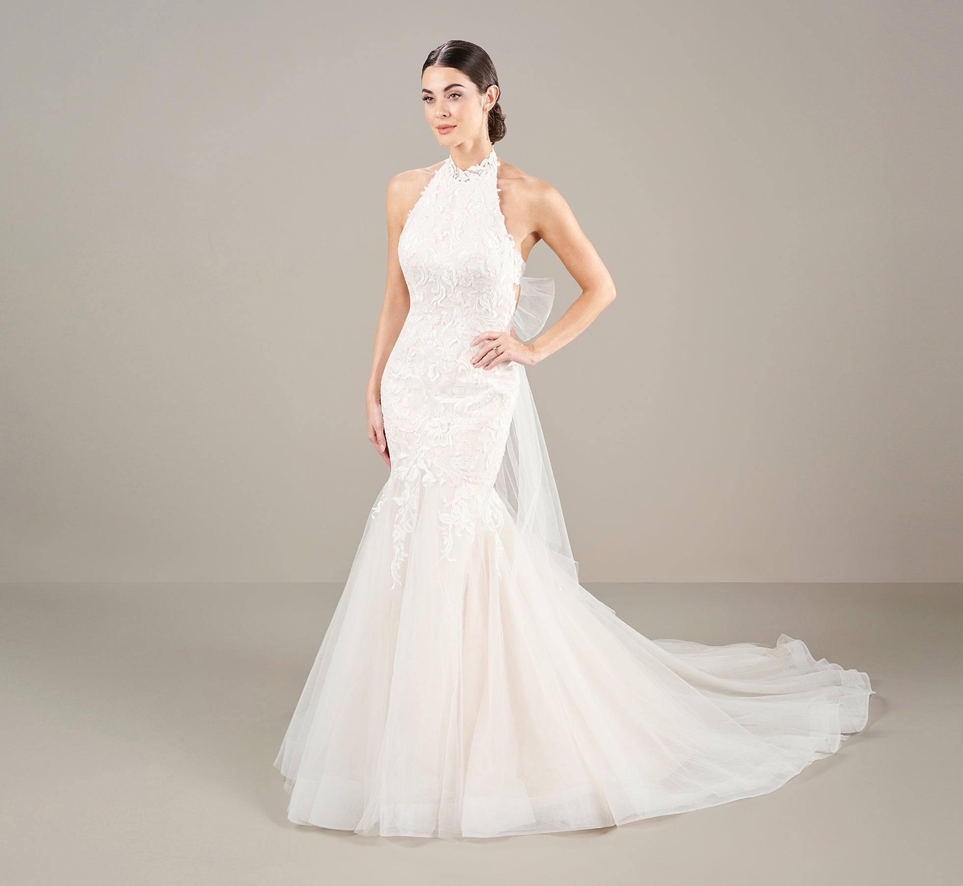 Lace Applique Halter Wedding Gown In Ivory Almond、mySite、solidvoid