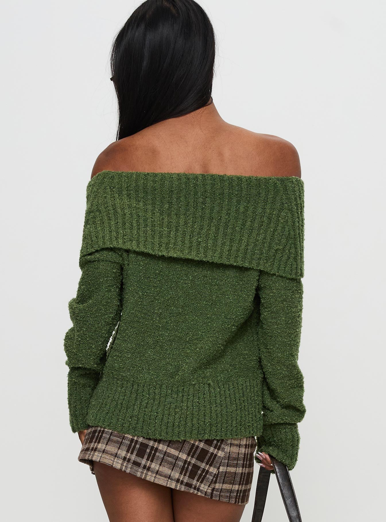 Parkley Boucle Off The Shoulder Sweater Olive、mySite、solidvoid