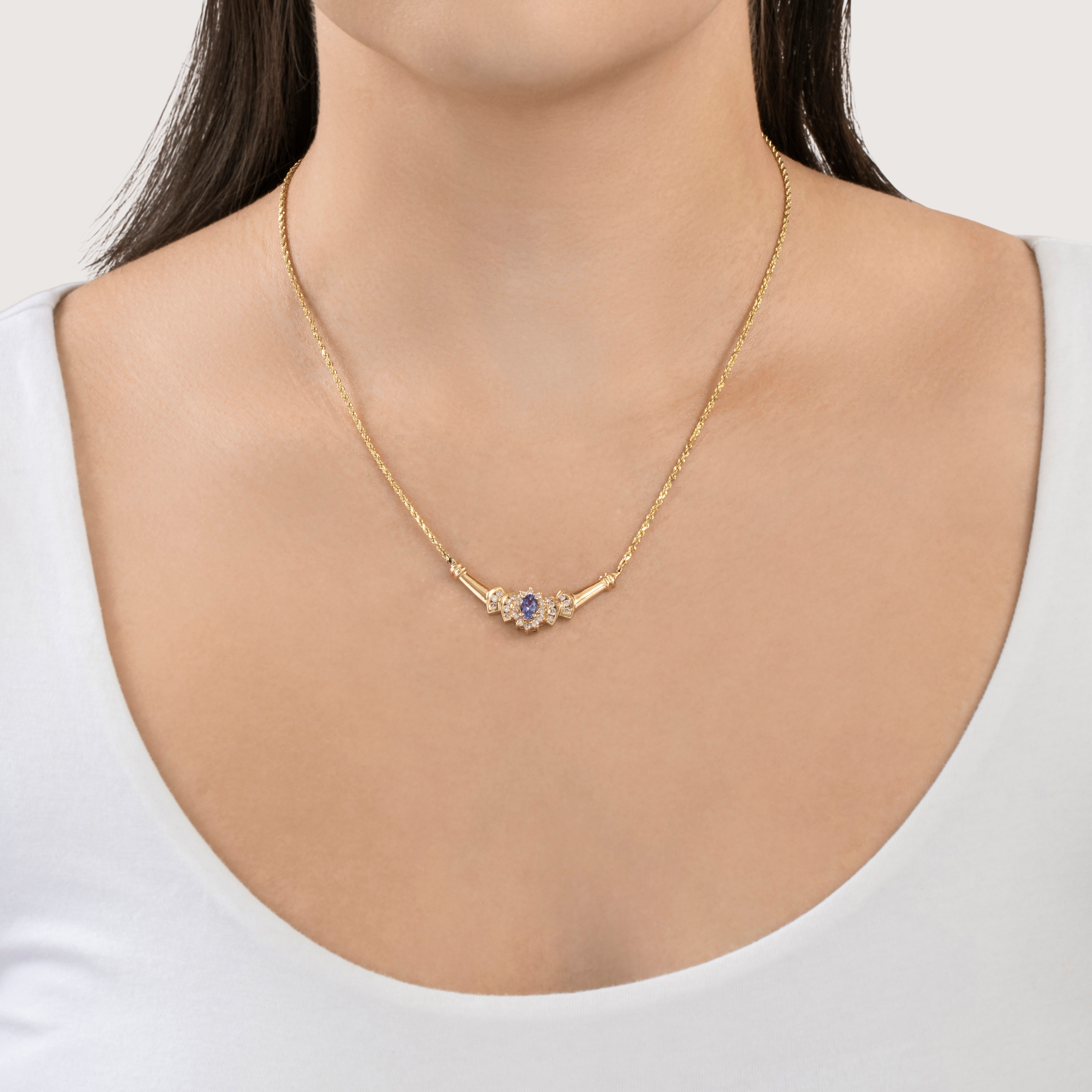 Vintage 14k Yellow Gold Tanzanite .416cttw Diamond Halo Necklace 17.25、mySite、hinf8tx79