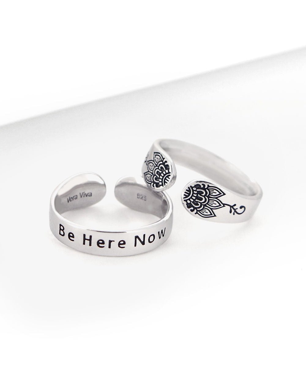 Be Here Now Adjustable Inspirational Sterling Silver Ring、mySite、topwebapps
